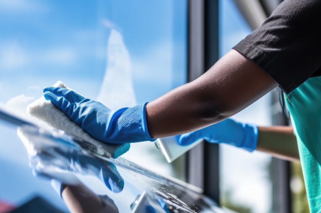 Eine Person in blauen Gummihandschuhen reinigt ein Fenster mit einem Schwamm, wobei sich der klare blaue Himmel im Glas widerspiegelt.
