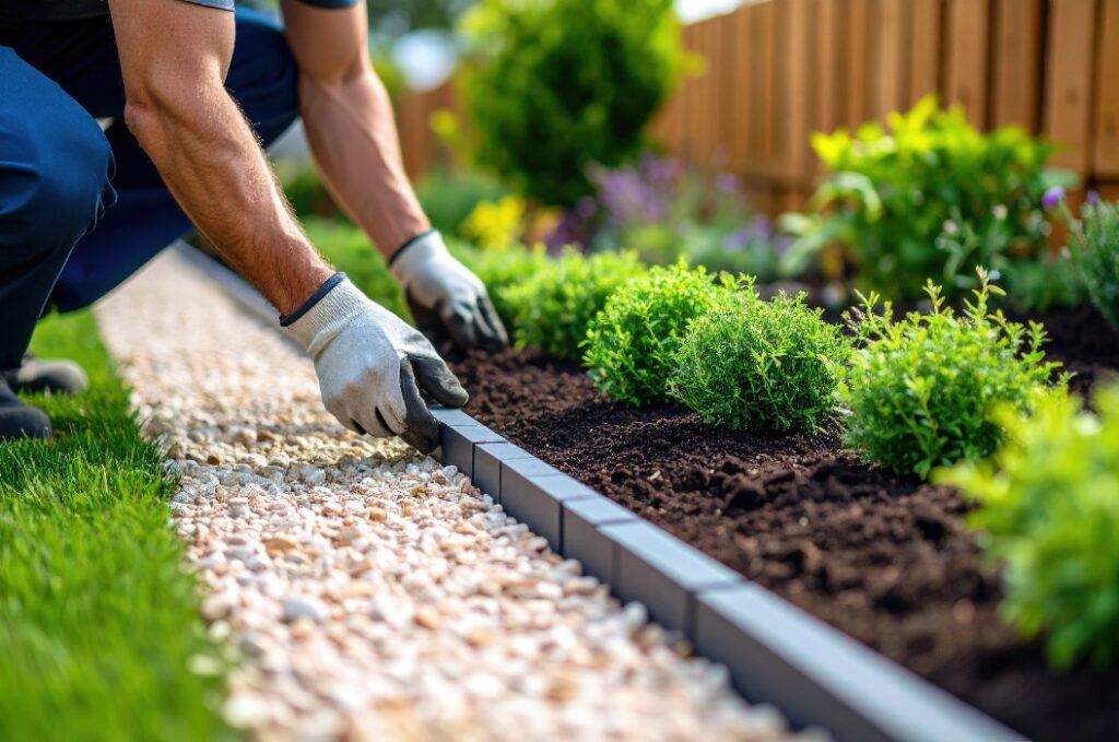 Gärtner bei der Arbeit an einer Gartenumrandung mit Kies und Pflanzen