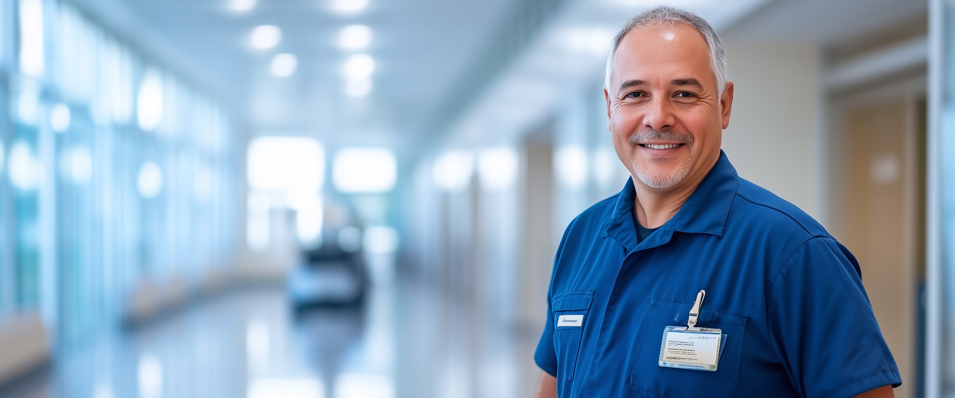 Hausmeister lächelt und hält eine Bodenreinigungsmaschine im Flur eines Krankenhauses.