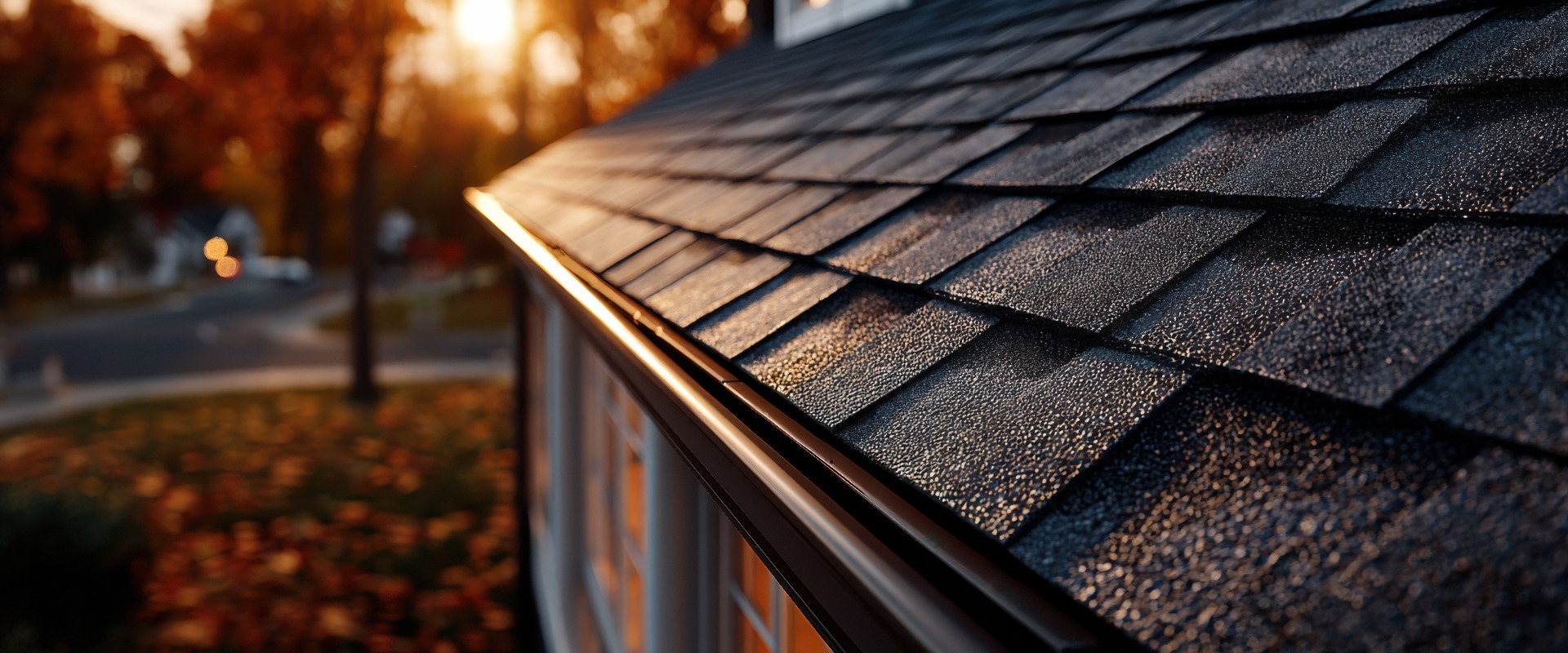 Nahaufnahme eines Hausdachs mit neuen Dachschindeln und Dachrinnen vor dem Hintergrund eines warmen Herbstsonnenuntergangs, die die Pflege des Hauses und die Qualität der Immobilie unterstreicht.